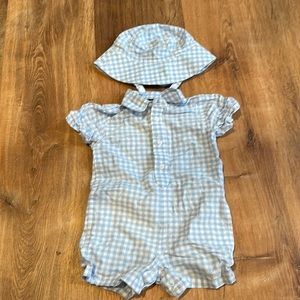 💙 The Children’s Place Baby Blue Gingham Romper & Hat 9-12M Outfit 🌼